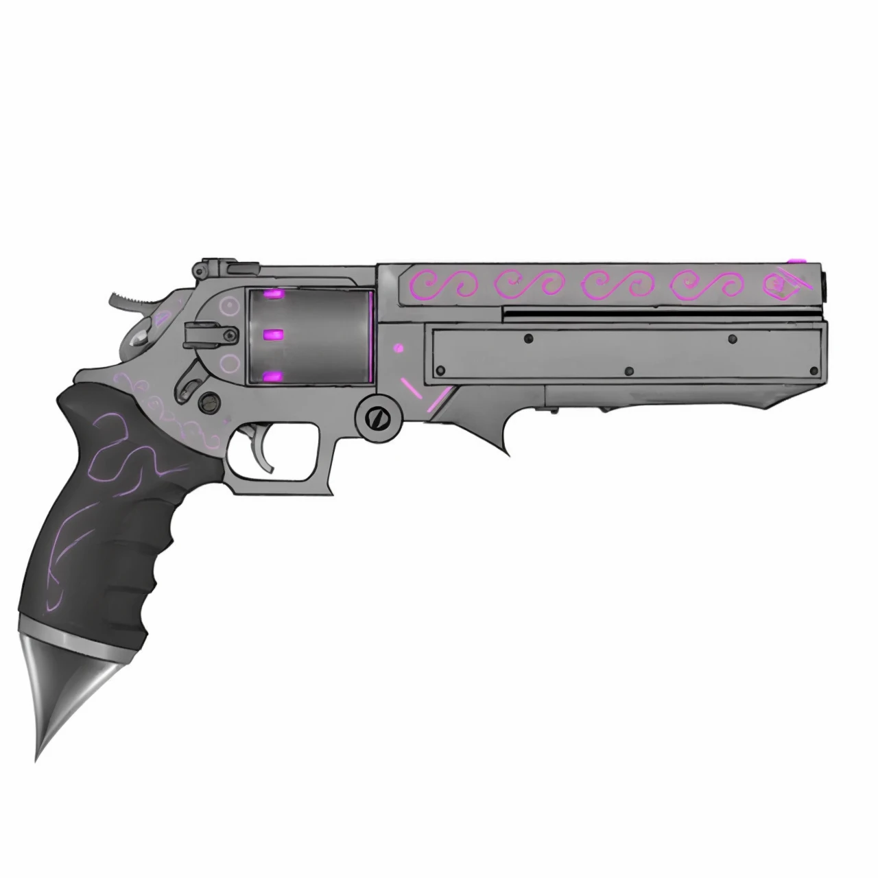 A futuristic handcannon, Revolver, handgun, gun, fun, scifi, LED lights, neon lights, chrome, silver, toxic pink, punk purple, deadly, pistol, item, weapon, highlights, etched, metal, cyberpunk, cylinder, high caliber revolver