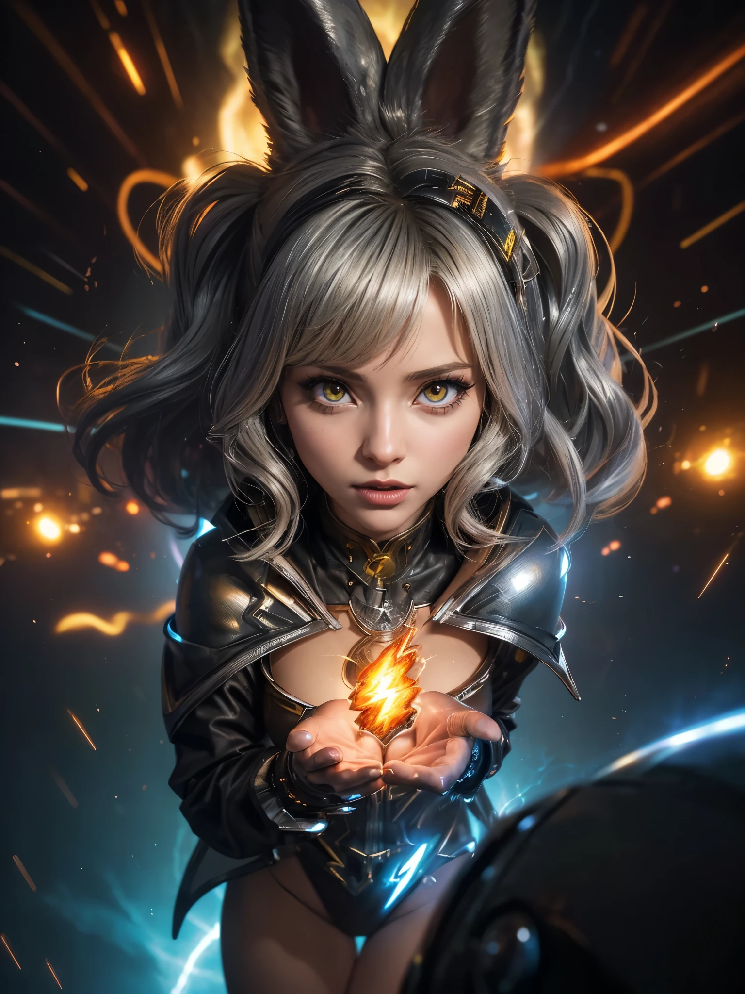 (((anthropomorphic silver bunny )1.1)),(((cinematic special effects 1.1))), ((HDR, UHD)), (( Cg cinematic style 1.1)) ,fantasy character heroine electric mage with lightening in her hand "full elementalist jacket", She masters the elements with magic, with her hand she masters the ((Air Elemental 1.1)), ((surrealism 1.1)), neomorphism, ((hyperrealism 1.1)), abstract sophistry, from below, postprocessing, ((depth of field 1.1))), (((live animation))), ((bright colors)), ((blurred background 1.1)), (focus), ((lightning effect)), ((anomaly effect)), ((air tremors))