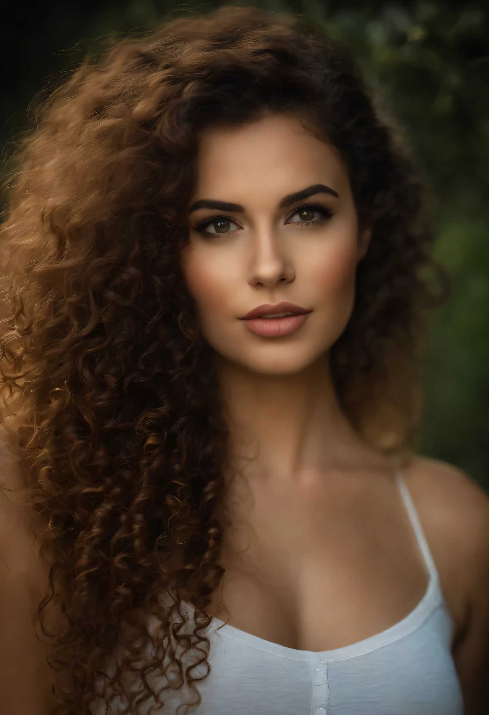 (sharp focus:1.2), fot, attractive young woman, (beautiful face:1.1), detailedeyes, lush lips, (cat eye makeup:0.85), (eyes large:1.0), (toned body:1.2), (curly hair:1.2), (big serve:1.4), using (break:1.2) on an (Street:1.2). (moody lighting:1.2), Depth of field, bokeh, 4K, hdr. by (James C. Christensen:1.2|Jeremy Lipking:1.1).