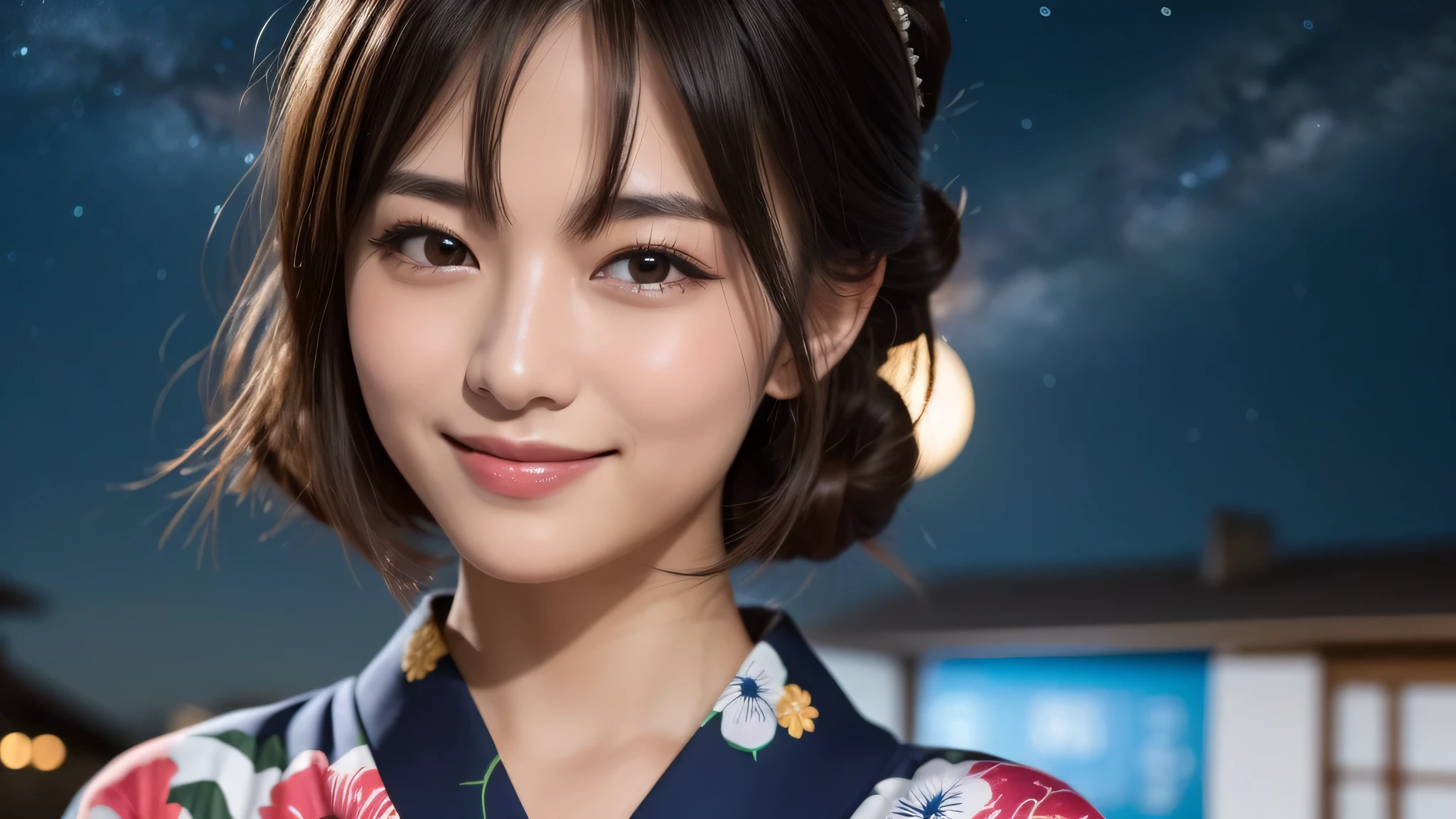 (1women), Updo hairstyle, (round eyes:1.2), (highly detailed face), (extremely detailed beautiful face), (smile happily), (floral pattern yukata), (Best Quality:1.4), (Ultra-detailed), extremely detailed CG unified 8k wallpaper, Realistic portrait, Beautiful detailed, High-definition raw color photos, professional photography, night sky, tanzaku, (Japan's Tanabata, Tanabata night), tanzaku, beautiful milky way, (fine face:1.2), focus on women, Tanabata, tanabata,