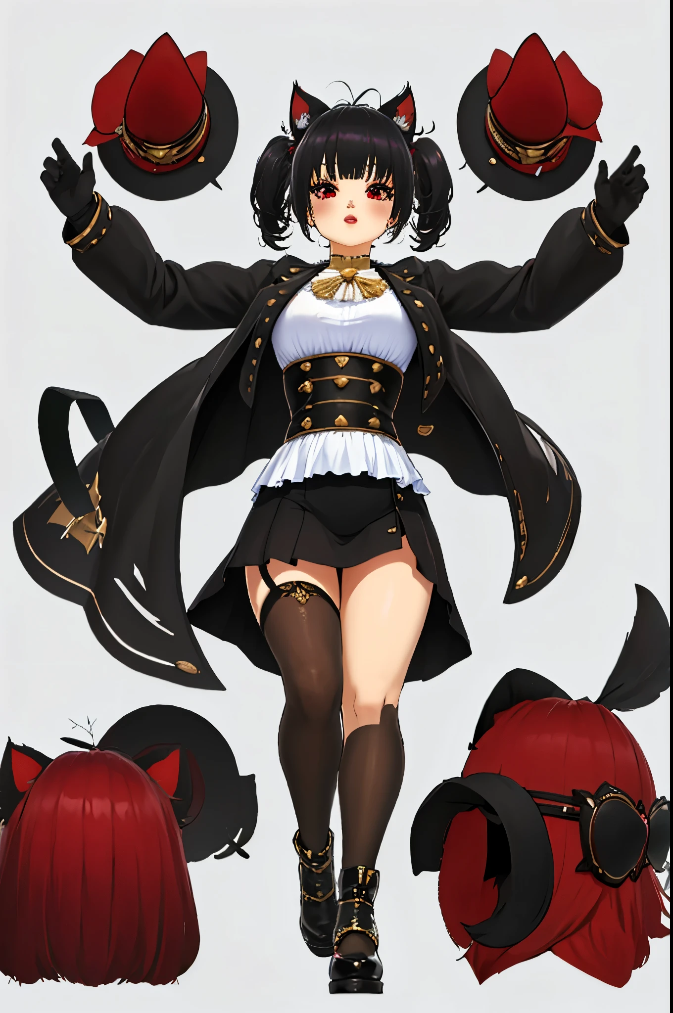 (Excellent quality, good detail, well detailed eyes, HD quality, 4k,) 1chica junkotvv, black hair with cat ears and red eyes with comfortable clothes, simple background , White background