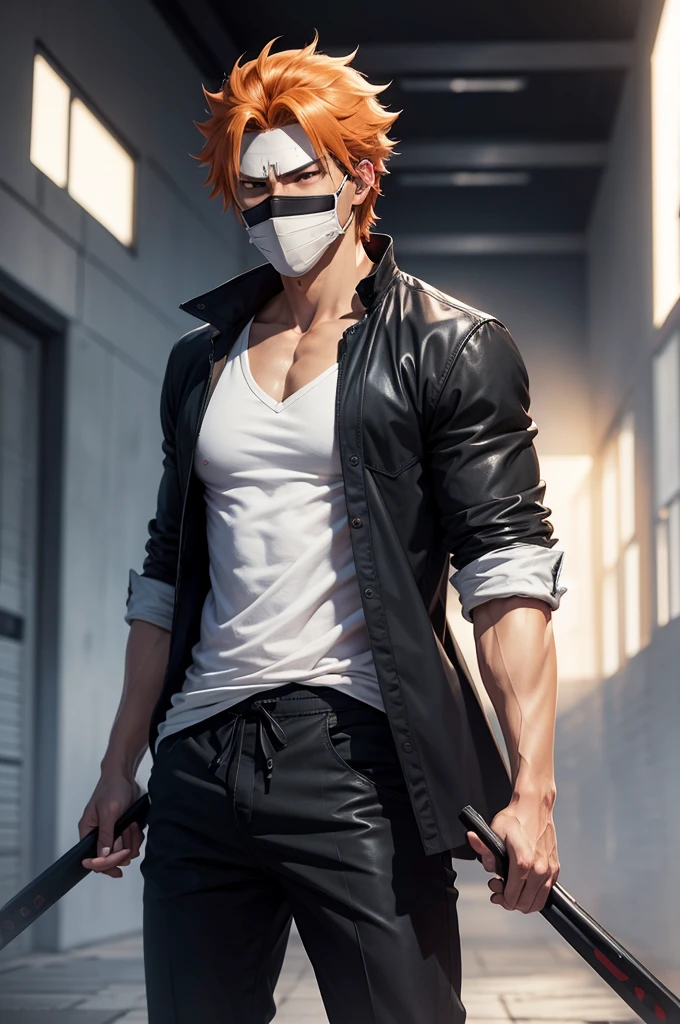 ((best quality)), ((masterpiece)), (detailed), A guy in white shirt , black pants , holding mask near his face, 8k anime, ichigo kurosaki, bleach