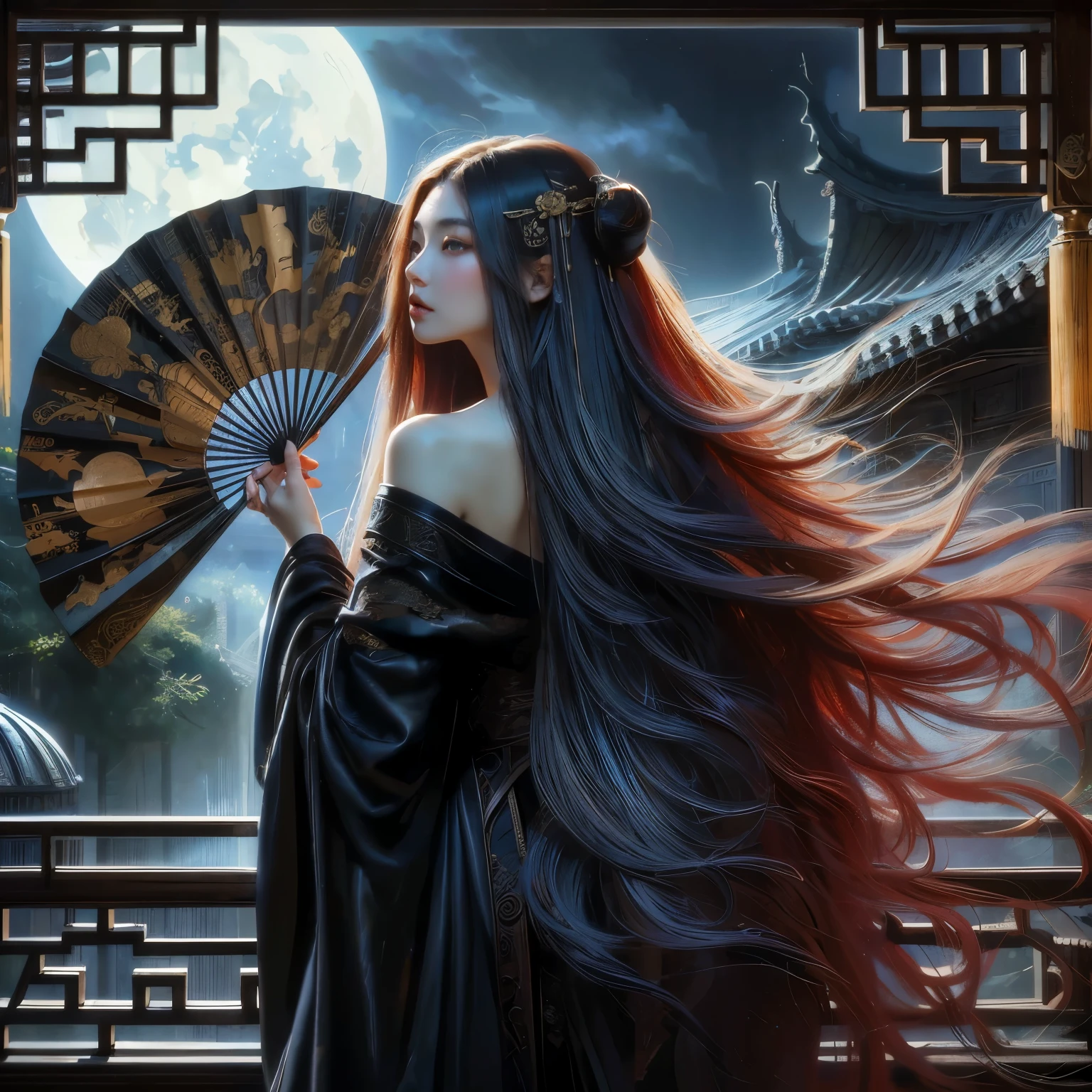 An ultra beautiful Asian woman long red-golden blue hair, holding a very ultra ornate long black ancient lacquered Asian fighting fan, perfect hands and fingers, wearing a long black Chinese womans dressing gown, in a darkened room of moonlight streak in through the opened balcony window, Chinese garden, night sky, black ink, in the style of Caravaggio, Fan Zhongzheng, and Da Vinci, 8k resolution, hyperdetailed, photorealistic, an oil painting art style, Sfumato,