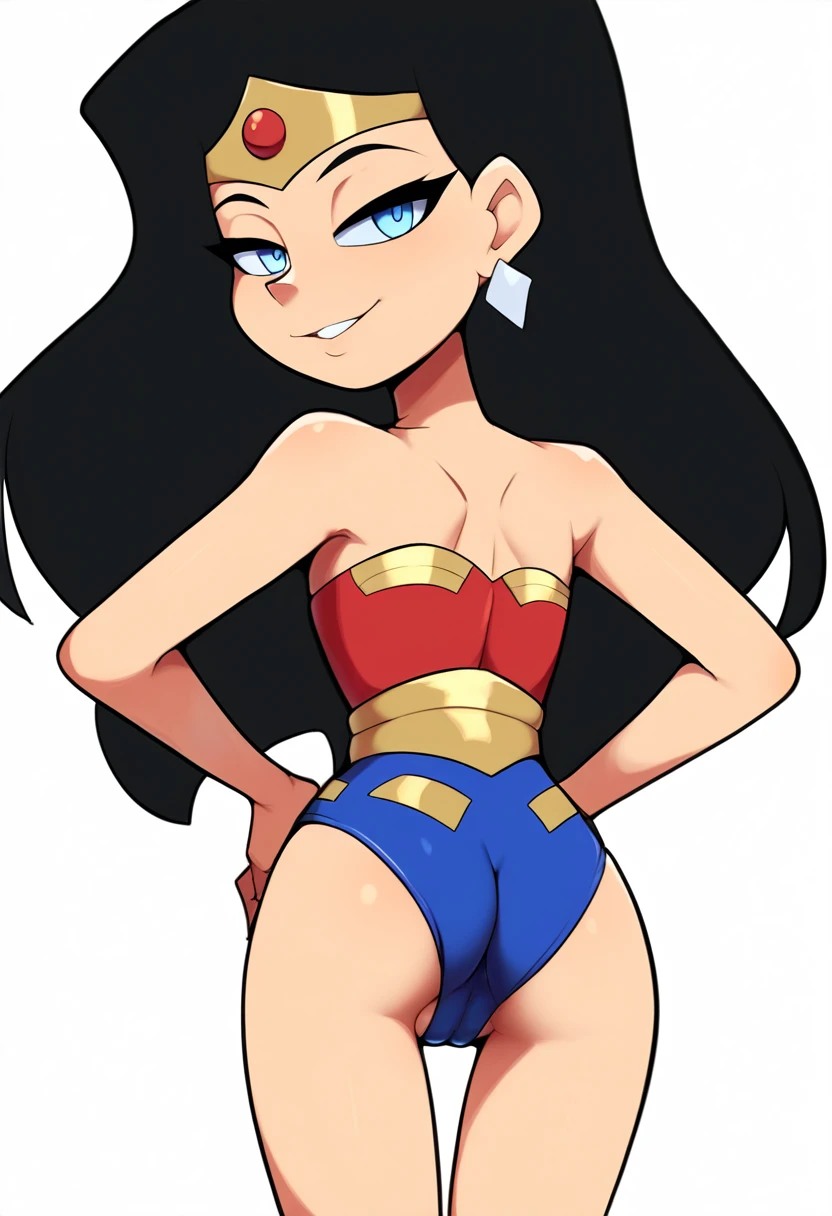 score_9, score_8_up, score_7_up, score_6_up, score_5_up, score_4_up, BREAK, source_anime,
1girl, wwkd black hair, long hair, blue eyes, light skin, bare shoulders, earrings, flat chest, jewelry, leotard,
tiara, bedroom eyes, cameltoe, back view
hands on shoulders, smile, cowboy shot, looking at viewer, solo, simple background, white background