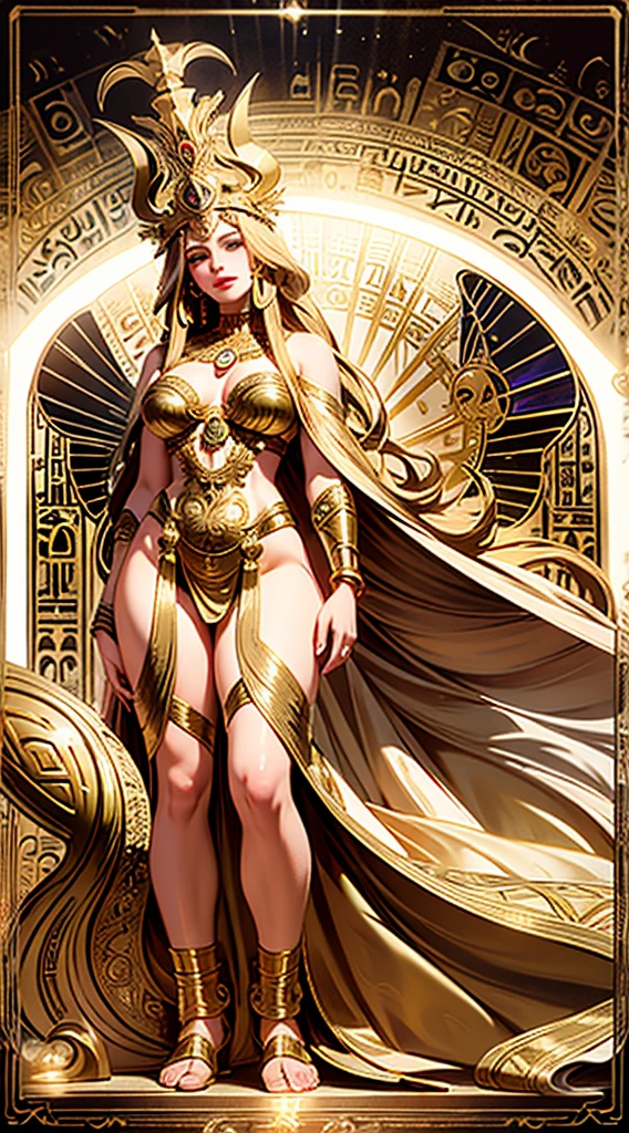 a beautiful goddess isis, egyptian goddess, alphonse mucha style, detailed crown, queenie gesture, ornate headdress, flowing robes, golden skin, piercing eyes, intricate details, ethereal lighting, dreamlike atmosphere, vibrant colors, dramatic pose, masterpiece, 8k, ultra-detailed, photorealistic, cinematic, glowing aura