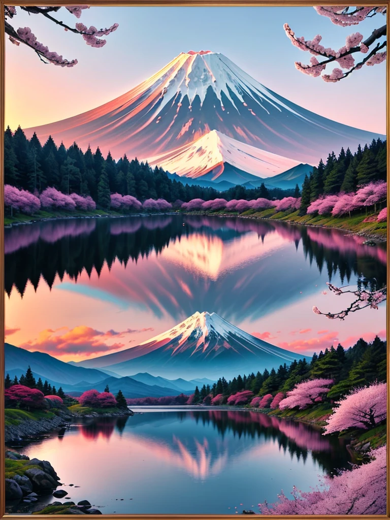 The scene is a picturesque view of Mount Fuji, framed by blooming cherry blossoms. The mountain, covered with snow, stands majestically against a gradient sky that transitions from a warm, golden hue near the horizon to a deep blue at the top. The cherry blossoms, with their pink petals, create a natural frame around the image, enhancing the serene and beautiful atmosphere. Below Mount Fuji, a tranquil lake reflects the sky and blossoms, adding depth and harmony to the scene. The lighting is soft, typical of early morning or late afternoon, casting gentle shadows and highlighting the delicate details of the blossoms and the mountain. In the distance, near the lake, there are small buildings and trees, adding a sense of scale and depth to the landscape. The overall color palette is dominated by shades of pink, blue, and white, creating a peaceful and captivating view.
