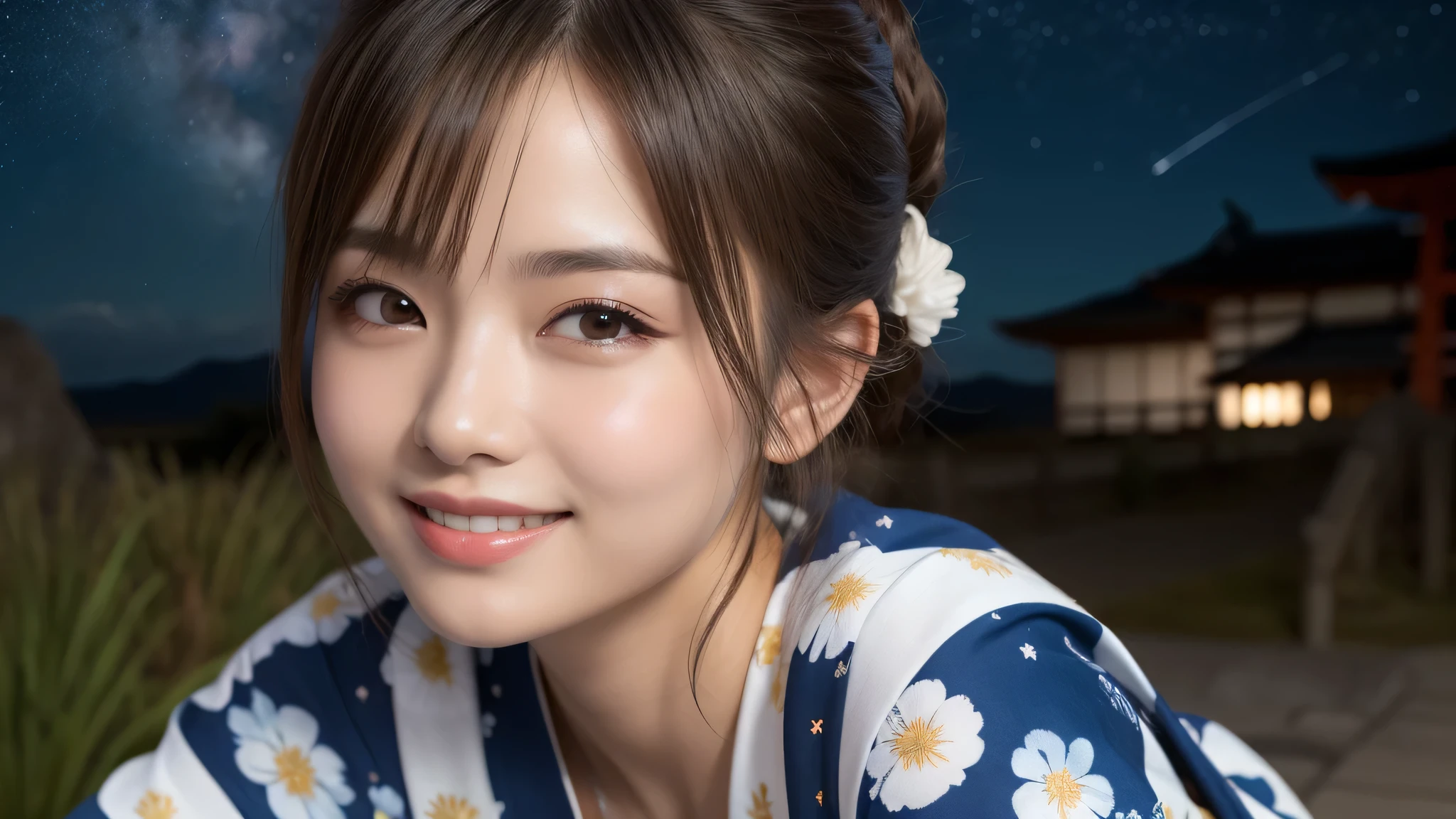 (1women), Updo hairstyle, (round eyes:1.2), (highly detailed face), (extremely detailed beautiful face), (smile happily), (floral pattern yukata), (Best Quality:1.4), (Ultra-detailed), extremely detailed CG unified 8k wallpaper, Realistic portrait, Beautiful detailed, High-definition raw color photos, professional photography, night sky, tanzaku, (Japan's Tanabata, Tanabata night), tanzaku, beautiful milky way, (fine face:1.2), focus on women, Tanabata, tanabata,