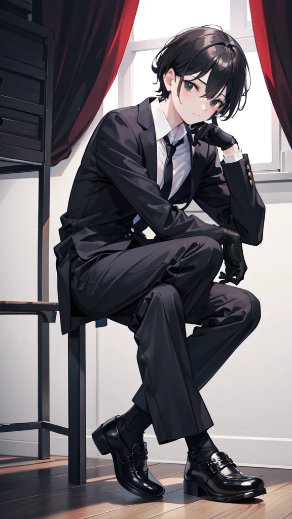 1 Korean young men,male people,20yr old,tall,Height 180 cm,Hair is medium length,Black top,Black trousers and combat boots,sit on chair,Point to shoes,8K anime,POV perspective,arrogant,Cold,looks into camera