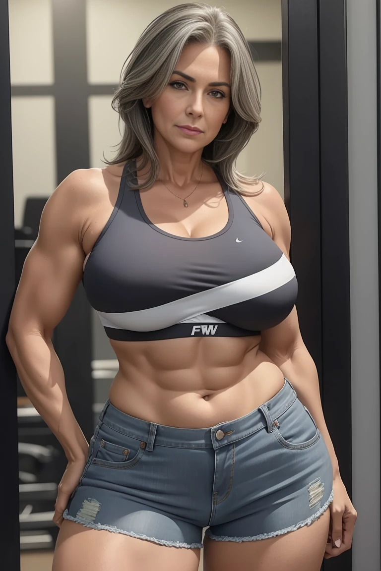 50 year old sexy woman, breasts big, gray and limp hair, new nafw athletic body thick thighs wearing a sports bra and denim shorts