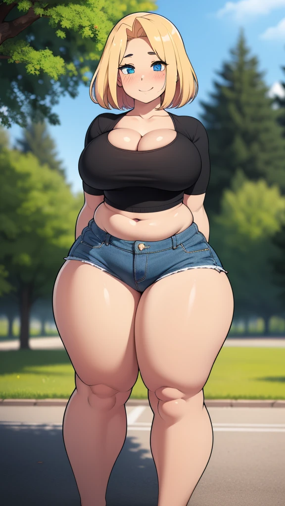 ((highres)), Masterpiece, high quality, best quality, beautiful, perfect lighting, detailed face, ultra cute face, ((1girl)), ((solo), long fluffy blonde hair, blue eyes, ((blush)), seductive smile, looking at viewer, arms behind back, standing in a park, (park), daytime, crop top, shorts, ((thick thighs)), wide hips, cleavage, (large breasts), chubby, 20 year old female, 