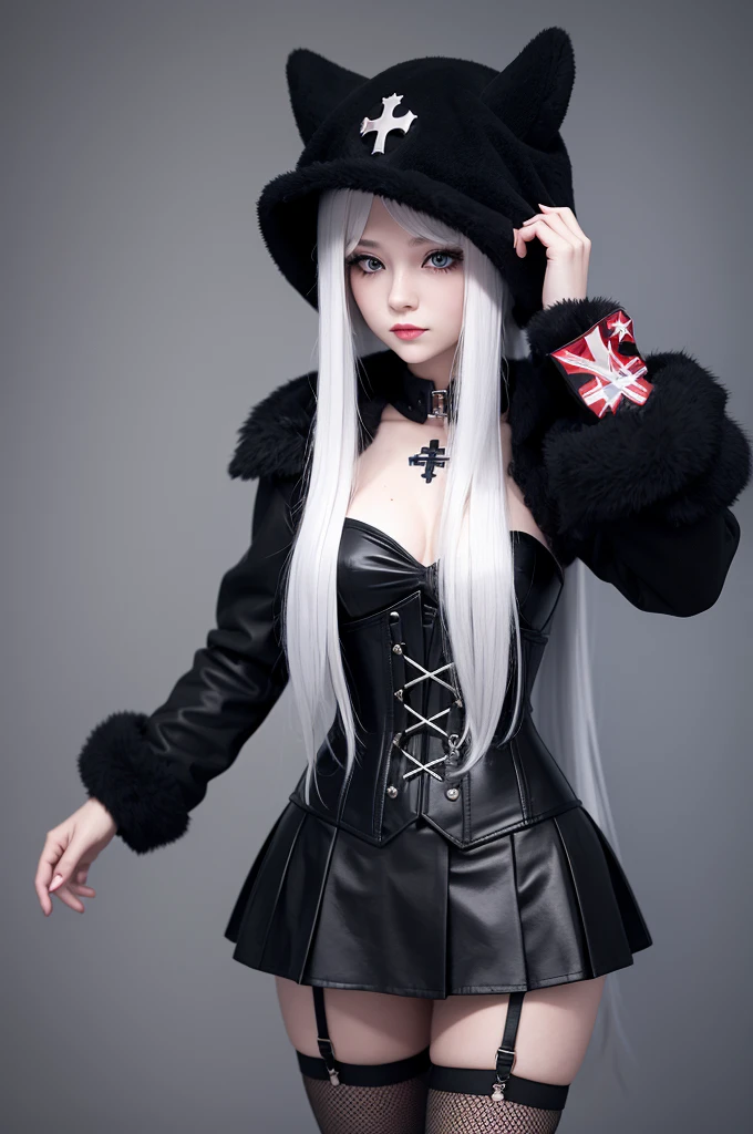 girl with long white hair with a black cross ushanka on her head, wearing a black corset and a 3d style skirt
