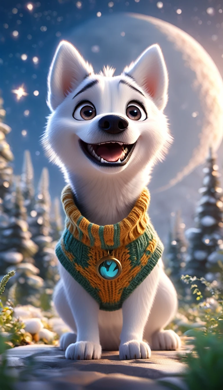 cute white dog, husky ears, cartoon, arms, sweater, cute eyes, looking at viewer, hands up, effects background, florest, particles, over a moon, meteors