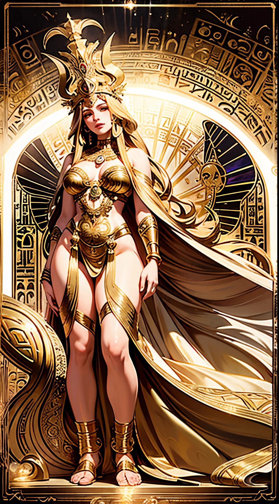 a beautiful goddess isis, egyptian goddess, alphonse mucha style, detailed crown, queenie gesture, ornate headdress, flowing robes, golden skin, piercing eyes, intricate details, ethereal lighting, dreamlike atmosphere, vibrant colors, dramatic pose, masterpiece, 8k, ultra-detailed, photorealistic, cinematic, glowing aura