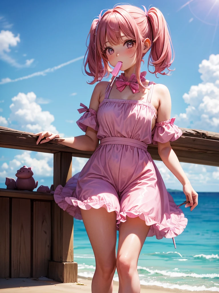 1 girl, two pigtails falling over her shoulders with pink rubber bands, wearing a pink jumpsuit dress, cooling off with a chocolate popsicle