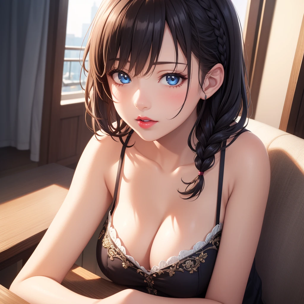 1girl, natural lighting, masterpiece, highly detailed, realistic, illustration, game cg, high quality, aichan, cleavage, short fluffy hair, lipstick, beautiful detailed eyes, detailed hair, side braid