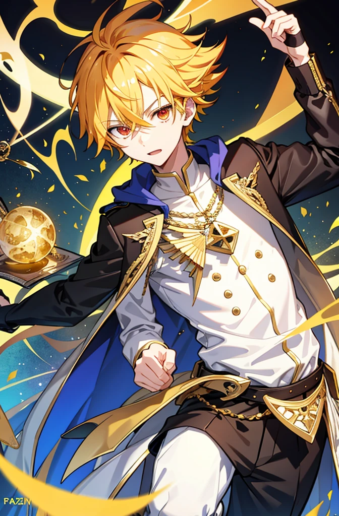 1 boy,cool guy,Yellow-haired,comma hair,Forehead comma hair,fantasy clothes style,Shiny,red eyes,looking at viewert,full body,MagazineCover,upper body,dinamic angle,