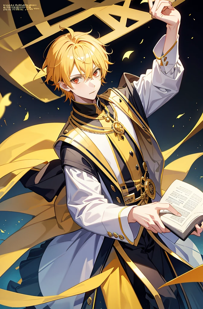 1 boy,cool guy,Yellow-haired,comma hair,Forehead comma hair,fantasy clothes style,Shiny,red eyes,looking at viewert,full body,MagazineCover,upper body,dinamic angle,