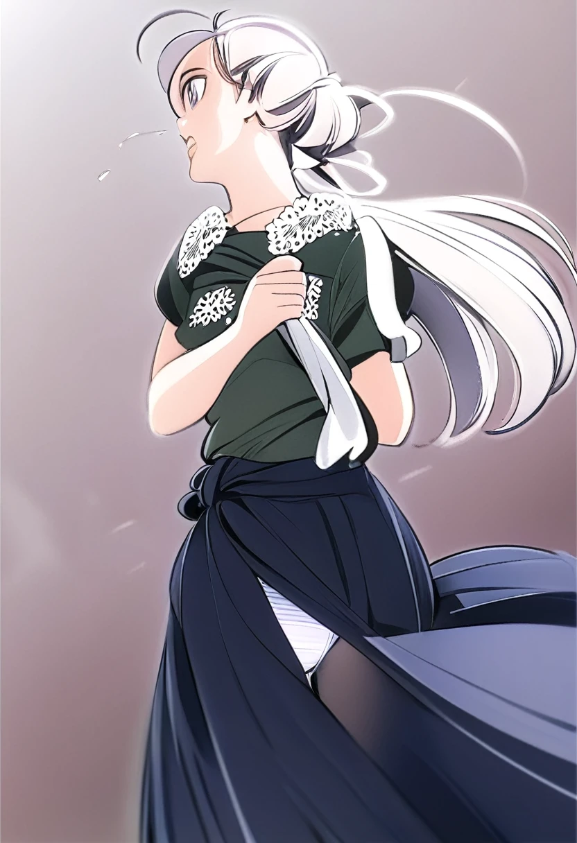 音無響子
Low - Angle、
Low - Angle、Long skirt、Hold down your skirt that is being blown up by the strong wind、Anime white panties in a strong wind、Crotch is visible
ローレグのパンツ、Color: White、
Crotch is visible、
、Lined、White lace lining、

