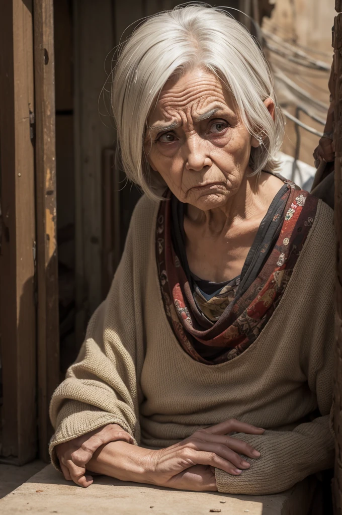 Create a grumpy old woman who lives in a slum