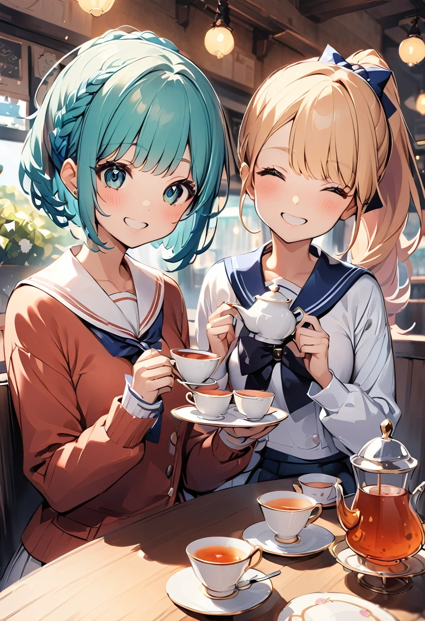 Highest quality、High resolution、Detailed Background、Beautiful face in every detail、Teenage beauty、Cute hair colour、Braided bob cut、ponytail、Sailor suit、Calm atmosphere、Happy expression、clear、
(Two women enjoying tea time in a cute cafe:1.5)