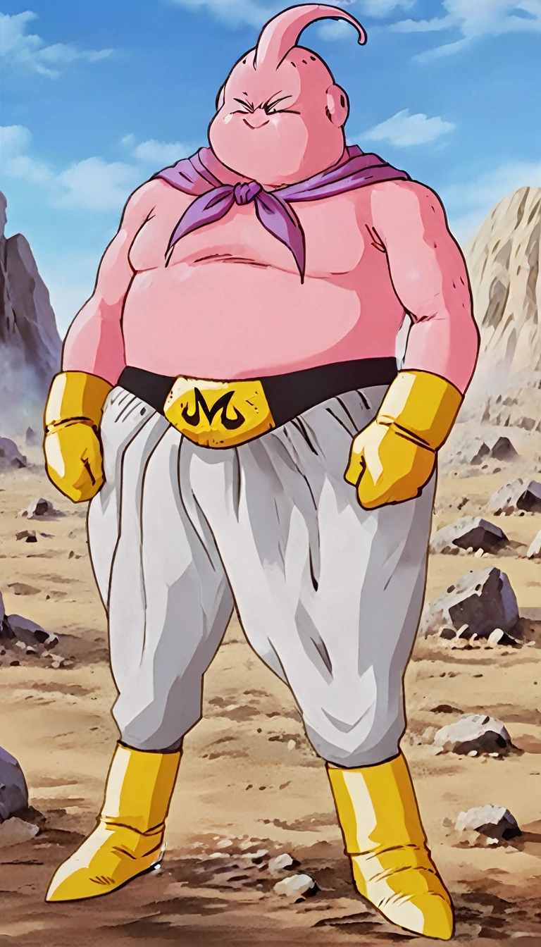 solo, majin buu, (musclar:1.5),(angry:2),fighting,in wasteland,destroyed rock,(soft shading), 4k, hi res, ((detailed face, (detailed eyes:1.0), detailed)), (full body), looking at viewer, 1boy, upper body, male focus,white_pants,(topless:1.5),( shirtless:2),torn clothes,bare pectorals, fighting stance,
