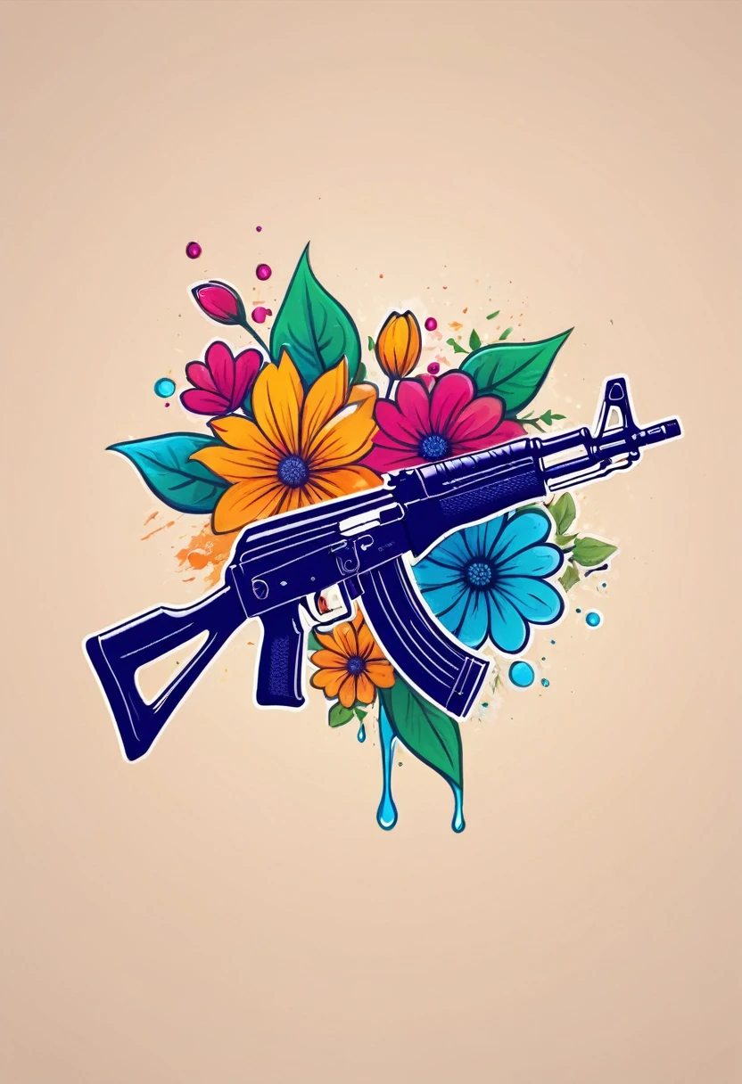 Create a high-quality logo for a clothing brand. The design of the logo should include an AK-47 assault rifle that is shooting a flower or a stream of water. The style of the logo should be modern and appealing, suitable for a fashion brand. The image must be sharp and detailed, with vibrant colors that catch the eye. Ensure that the AK-47 is well-defined and that the element being shot (flower or water) is clearly visible and artistic. The logo should convey a blend of strength and peace, symbolizing the transformation of something violent into something beautiful and peaceful.
---
This prompt should provide a clear and detailed image of the logo you want to create.