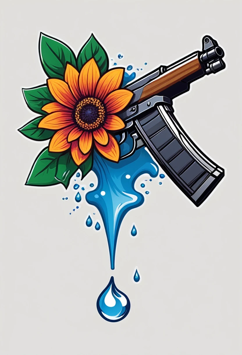Create a high-quality logo for a clothing brand. The design of the logo should include an AK-47 assault rifle that is shooting a flower or a stream of water. The style of the logo should be modern and appealing, suitable for a fashion brand. The image must be sharp and detailed, with vibrant colors that catch the eye. Ensure that the AK-47 is well-defined and that the element being shot (flower or water) is clearly visible and artistic. The logo should convey a blend of strength and peace, symbolizing the transformation of something violent into something beautiful and peaceful.
---
This prompt should provide a clear and detailed image of the logo you want to create.