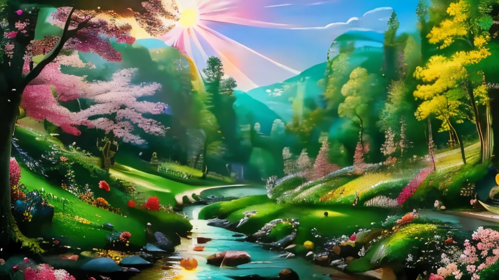 highly detailed image. A stream cutting through a beautiful flowery valley. strong and vibrant colors. Kinematic lighting 