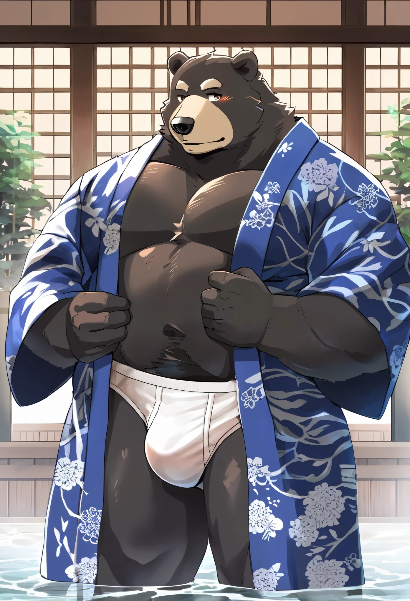 Black Bear，personification，Strong Man，Dark blue yukata，White sexy briefs，bathhouse。