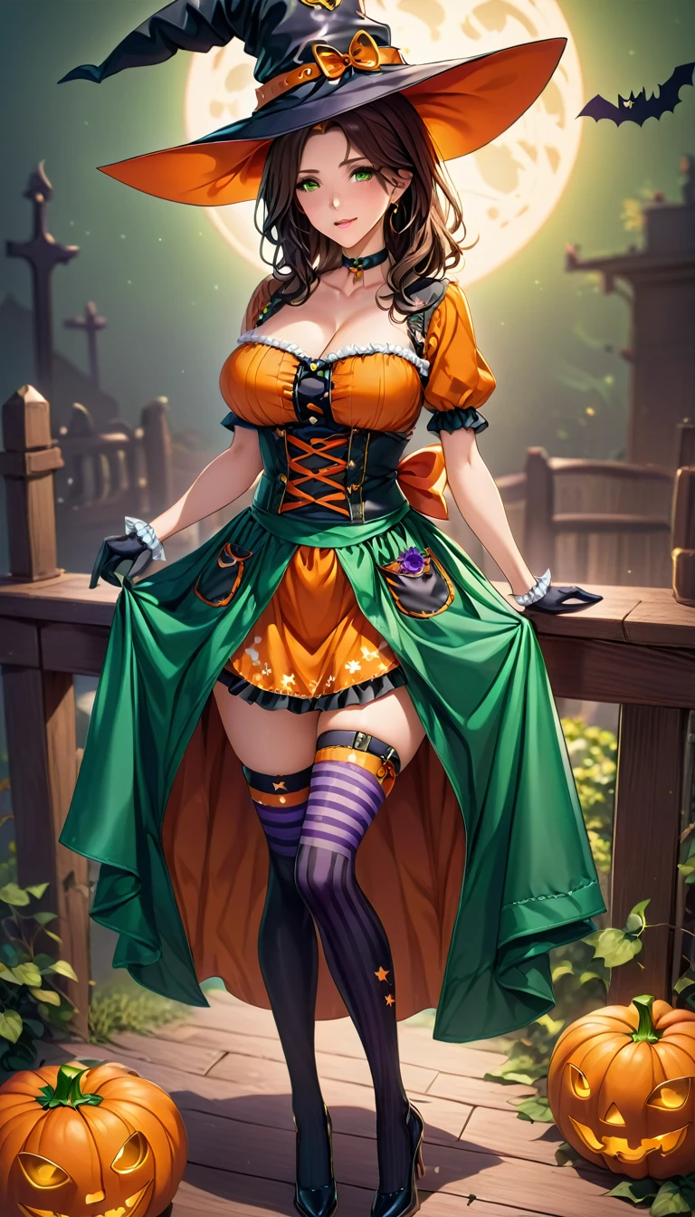 masterpiece, Highest quality, 8K, Official Art, Cinematic Light, Ultra-high resolution, Full body photo、One Mature Woman, 45 talents、Long skirt、Sexy mother, Bring your hair back、 View your audience, hoop earrings, Brown Hair, Brown eyes, Brown background, (orange and deep-green theme:1.2), (fusion of witch costume and dirndl:1.3), 
(black theme:1.1), ((black witch-hat, black pointy hat) with ribbon:1.4), 
(orange apron over skirt:1.4), (deep-green (ruffle-skirt, multilayer-skirt):1.4), 
((tube top, waist cincher):1.3), (white short puff-sleeve:1.3),
(deep-green and orange striped-pattern over-knee-socks:1.3), 
((black evening-glove, choker, frills):1.2), (black High-heels:1.1), 
(Halloween print on apron:1.3),
BREAK Red Lips、Detailed face、Fine grain、Detailed gaze、High heels、