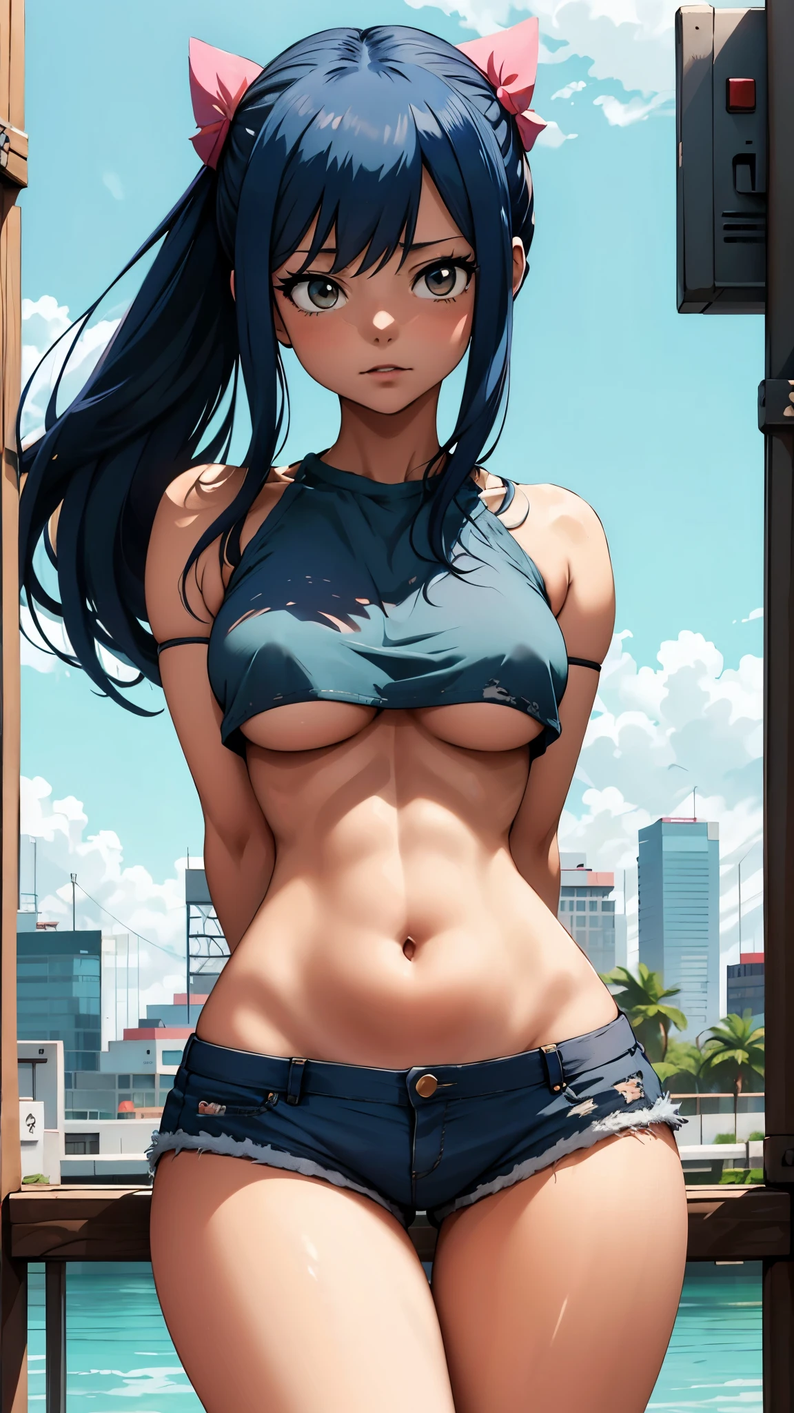 (best quality,highres:1.2),ultra-detailed,realistic,photorealistic:1.37,a beautiful girl (Wendy Marvell from Fairy Tail) model in a pop style,,long legs,small breasts,extremely detailed face (with emphasis on azure eyes),Her blue-colored hair(twintails) falls to her shoulders.She is dressed in short black denim shorts and a short white top (very shabby and torn in places),bent down, lifting her ass to the top,more sexy pose,illustration,colorful pop art style,dynamic lighting,neon colors,Nsfw