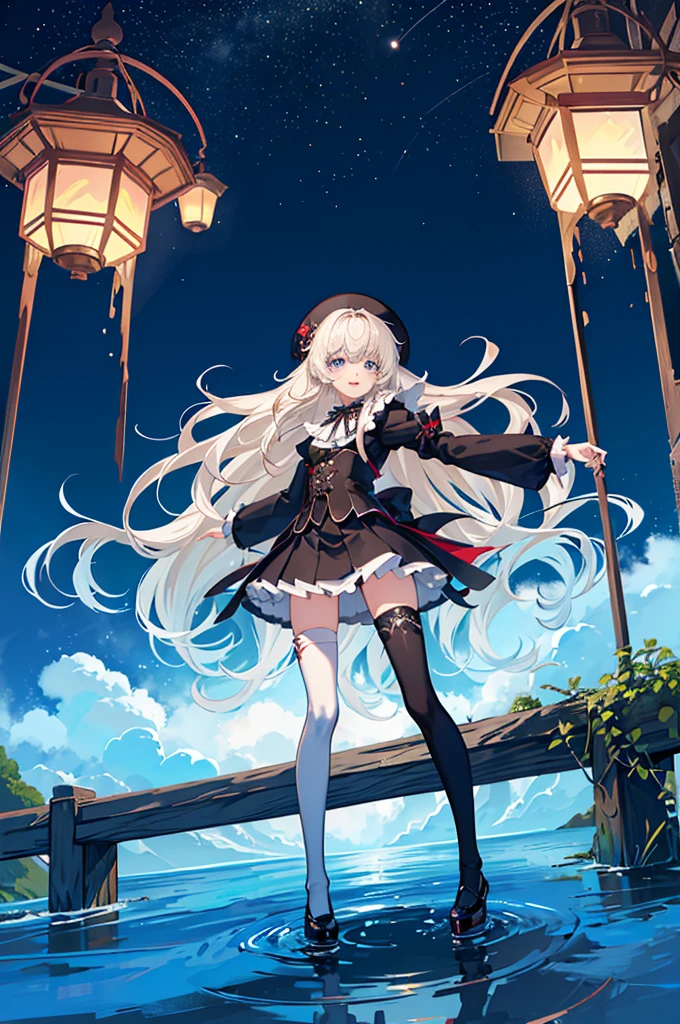1girl, solo, outdoors, long hair, holy place, Original,(Illustration:1.1),(Best Quality),(masutepiece:1.1),(the Extremely Detailed CG Unity 8K Wallpapers:1.1), (Colorful:0.9),(mid-shot:0.95),(extremely detailed beautiful face),(Solo:1.2), (girl),(((Lori))), (Detailed beautiful eyes:1.15), (Beautiful face:1.15), (Glowing blue eyes:1.25////),(((Brown Long Hair))),(two side up),(+perfect hand+:1.21),(Draw illustration of Japan priestess costume),(slender),(White pleated skirt),(Gothic),((black thighhighs)),(frilld),(Beautiful Slender Lolita Girl),hallowween,standing, girl,, girl,