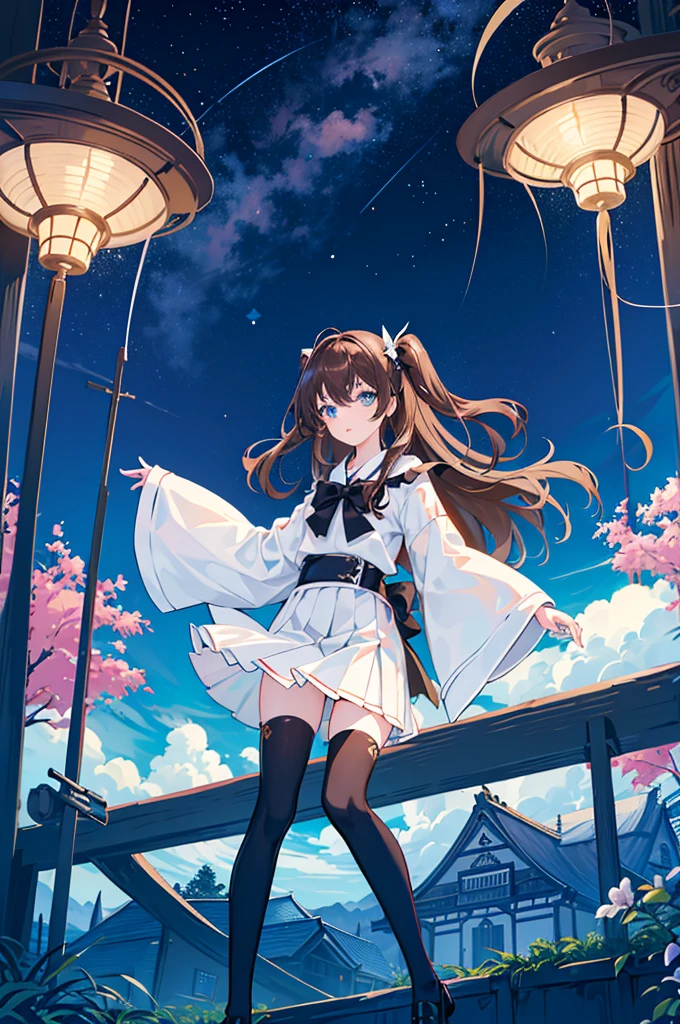 1girl, solo, outdoors, long hair, holy place, Original,(Illustration:1.1),(Best Quality),(masutepiece:1.1),(the Extremely Detailed CG Unity 8K Wallpapers:1.1), (Colorful:0.9),(mid-shot:0.95),(extremely detailed beautiful face),(Solo:1.2), (girl),(((Lori))), (Detailed beautiful eyes:1.15), (Beautiful face:1.15), (Glowing blue eyes:1.25////),(((Brown Long Hair))),(two side up),(+perfect hand+:1.21),(Draw illustration of Japan priestess costume),(slender),(White pleated skirt),(Gothic),((black thighhighs)),(frilld),(Beautiful Slender Lolita Girl),hallowween,standing, girl,, girl,