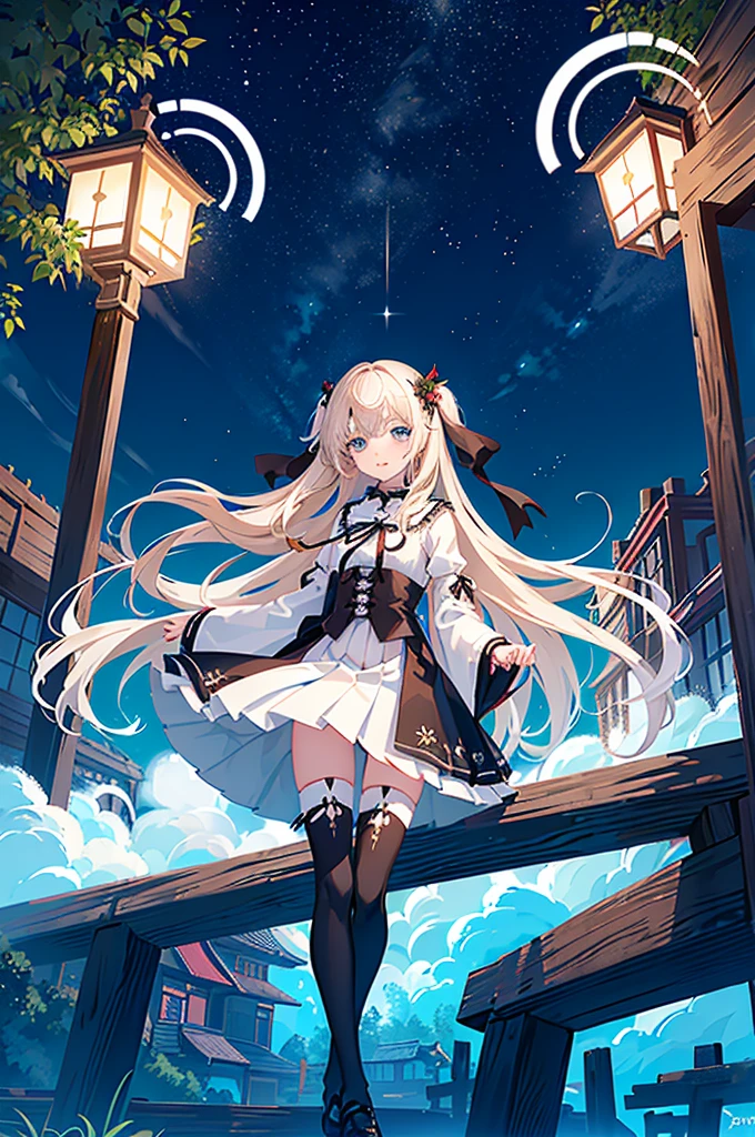 1girl, solo, outdoors, long hair, holy place, Original,(Illustration:1.1),(Best Quality),(masutepiece:1.1),(the Extremely Detailed CG Unity 8K Wallpapers:1.1), (Colorful:0.9),(mid-shot:0.95),(extremely detailed beautiful face),(Solo:1.2), (girl),(((Lori))), (Detailed beautiful eyes:1.15), (Beautiful face:1.15), (Glowing blue eyes:1.25////),(((Brown Long Hair))),(two side up),(+perfect hand+:1.21),(Draw illustration of Japan priestess costume),(slender),(White pleated skirt),(Gothic),((black thighhighs)),(frilld),(Beautiful Slender ta Girl),hallowween,standing, girl,10 yirl,