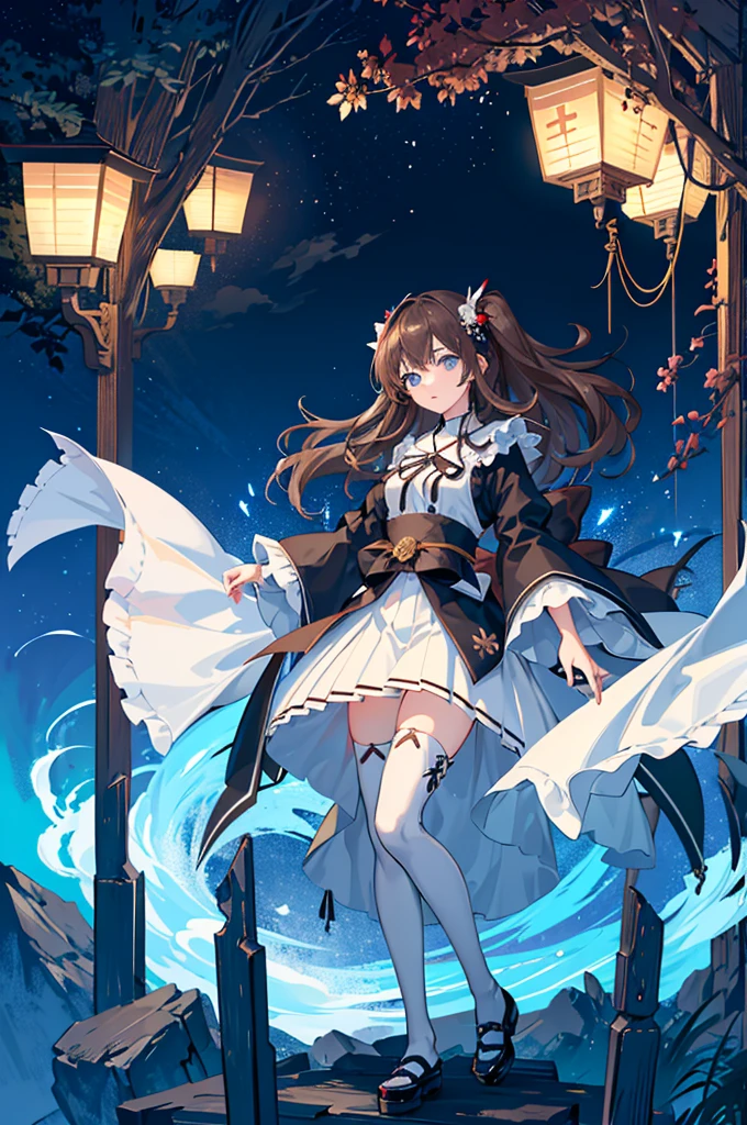 1girl, solo, outdoors, long hair, holy place, Original,(Illustration:1.1),(Best Quality),(masutepiece:1.1),(the Extremely Detailed CG Unity 8K Wallpapers:1.1), (Colorful:0.9),(mid-shot:0.95),(extremely detailed beautiful face),(Solo:1.2), (girl),(((Lori))), (Detailed beautiful eyes:1.15), (Beautiful face:1.15), (Glowing blue eyes:1.25////),(((Brown Long Hair))),(two side up),(+perfect hand+:1.21),(Draw illustration of Japan priestess costume),(slender),(White pleated skirt),(Gothic),((black thighhighs)),(frilld),(Beautiful Slender Lolita Girl),hallowween,standing, girl,10 years old, girl,