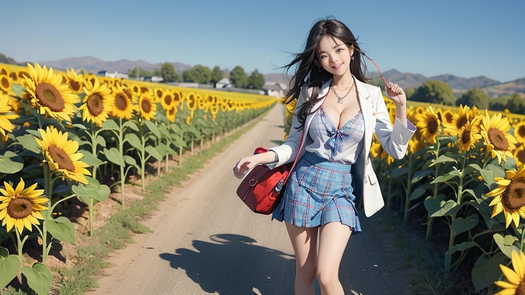 8K、RAW Photos、Highest quality、Super detailed、Super Resolution、Ultra HD、8K壁紙、Amazing details American blazer uniform girl ((White blouse with formal collar, Blue blazer, Blue plaid skirt, Red checkered ribbon on blouse)), Complete limbs, Full Finger,
A large sunflower field in the countryside、Straight road、Walk through the sunflower field,smile、sun、School bag、Heart Necklace
(((Emphasize cleavage)))
(((Full body photo)))
((Blue sky))