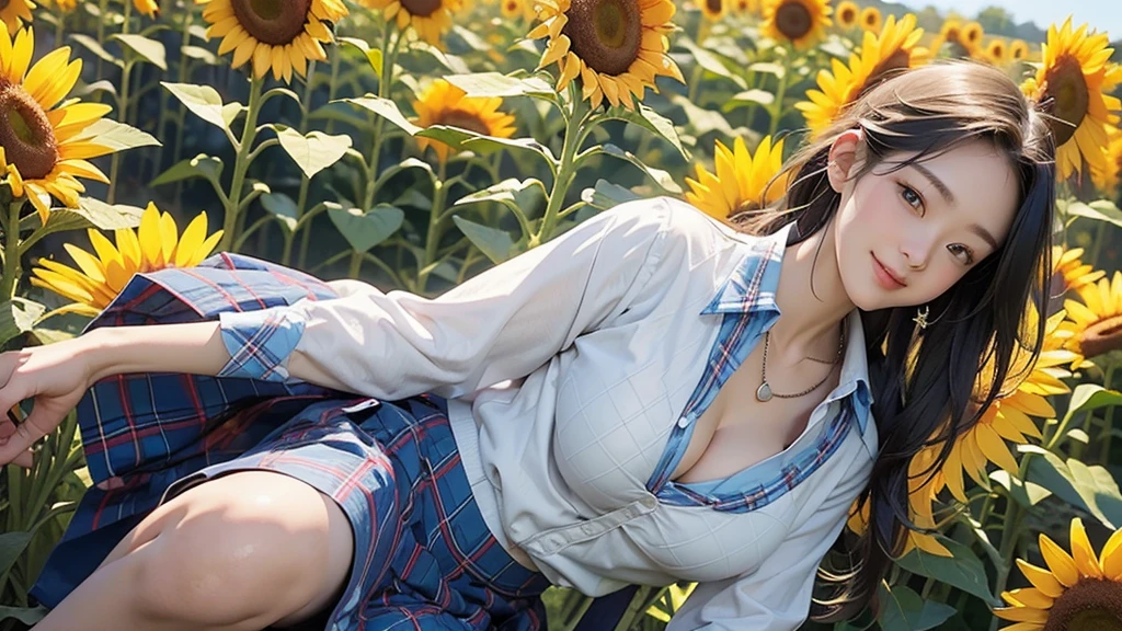 8K、RAW Photos、Highest quality、Super detailed、Super Resolution、Ultra HD、8K壁紙、Amazing details American blazer uniform girl ((White blouse with formal collar, Blue blazer, Blue plaid skirt, Red checkered ribbon on blouse)), Complete limbs, Full Finger, 
A large sunflower field in the countryside、Straight road、Walk through the sunflower field,smile、sun、School bag、Heart Necklace
(((Emphasize cleavage)))
(((Full body photo)))
((Blue sky))
