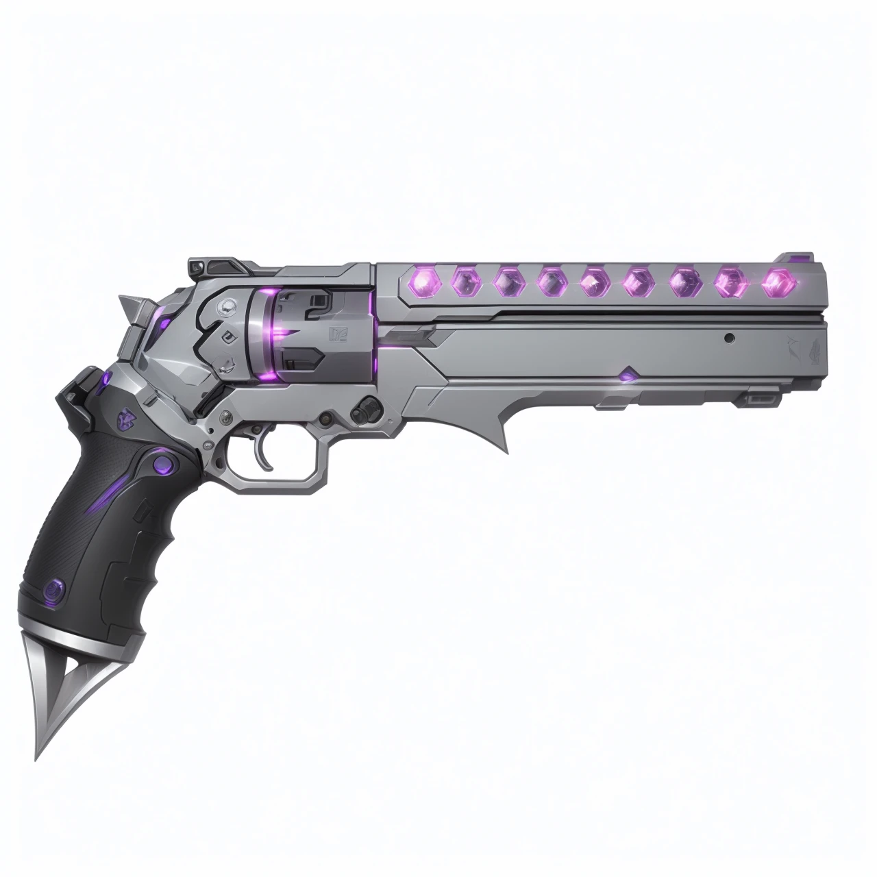 A futuristic handcannon, Revolver, handgun, gun, fun, scifi, LED lights, neon lights, chrome, silver, toxic pink, punk purple, deadly, pistol, item, weapon, highlights, etched, metal, cyberpunk, cylinder, high caliber revolver