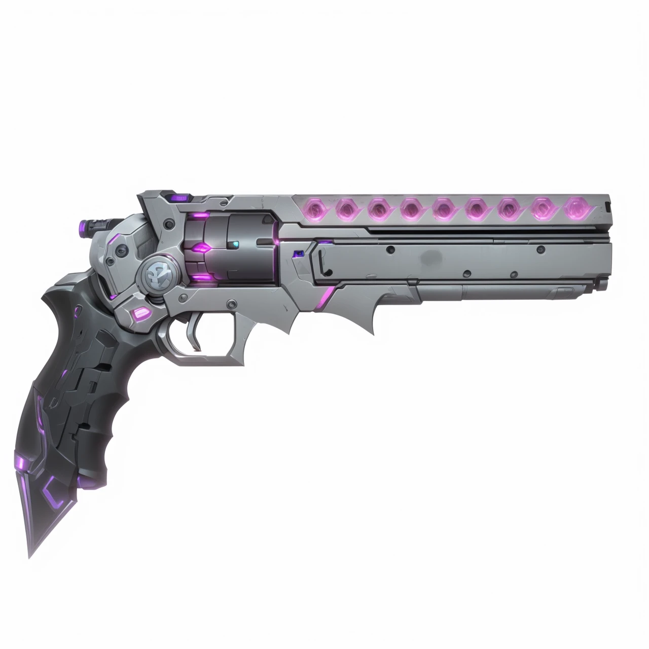 A futuristic handcannon, Revolver, handgun, gun, fun, scifi, LED lights, neon lights, chrome, silver, toxic pink, punk purple, deadly, pistol, item, weapon, highlights, etched, metal, cyberpunk, cylinder, high caliber revolver