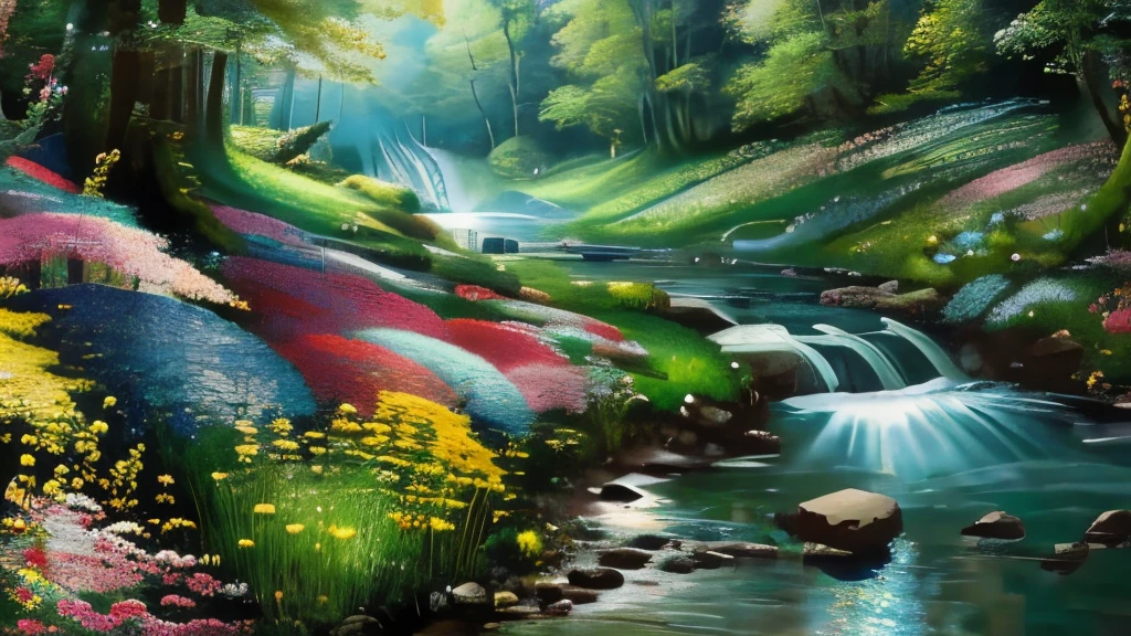 highly detailed image. A stream cutting through a beautiful flowery valley. strong and vibrant colors. Kinematic lighting 