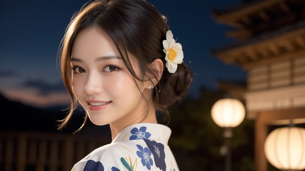 (1women), Updo hairstyle, (round eyes:1.2), (highly detailed face), (extremely detailed beautiful face), (smile happily), (floral pattern yukata), (Best Quality:1.4), (Ultra-detailed), extremely detailed CG unified 8k wallpaper, Realistic portrait, Beautiful detailed, High-definition raw color photos, professional photography, night sky, beautiful milky way, (fine face:1.2), focus on women, Tanabata, tanabata,