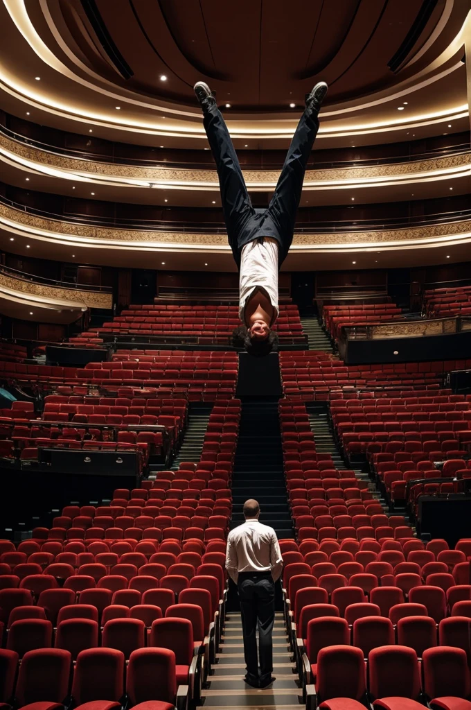Makes a man stand on his back amazed by a theater