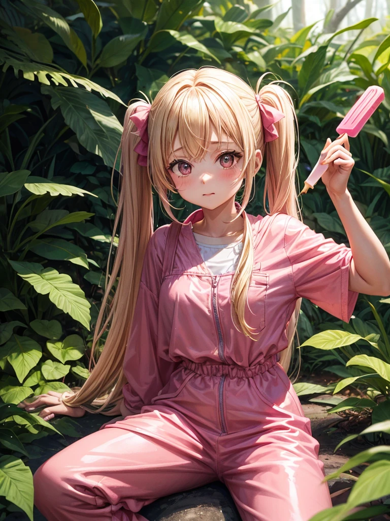 1 girl, two pigtails falling over her shoulders with pink rubber bands, blond hair, wearing a pink jumpsuit dress, cooling off with a chocolate popsicle, In a forest