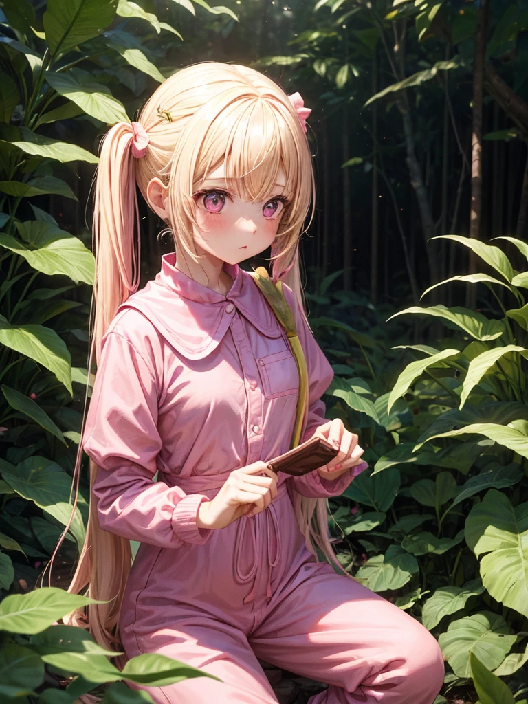 1 girl, two pigtails falling over her shoulders with pink rubber bands, blond hair, wearing a pink jumpsuit dress, cooling off with a chocolate popsicle, In a forest 