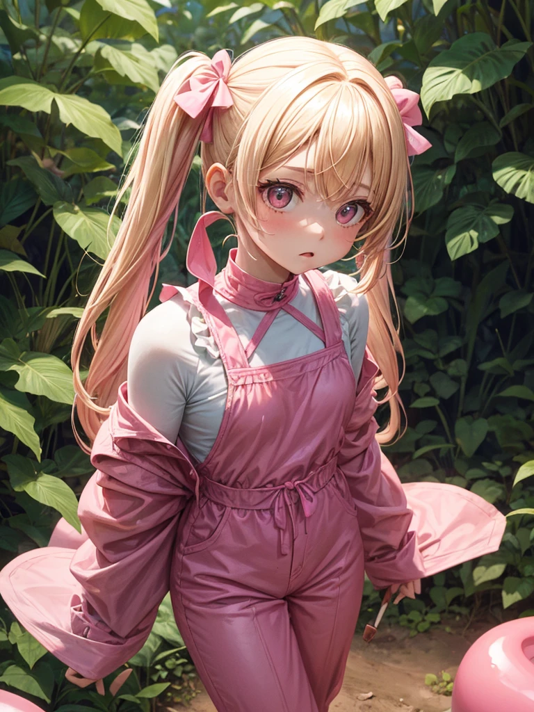 1 girl, two pigtails falling over her shoulders with pink rubber bands, blond hair, wearing a pink jumpsuit dress, cooling off with a chocolate popsicle, In a forest