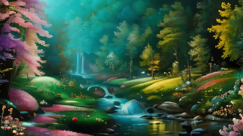 highly detailed image. A stream cutting through a beautiful flowery valley. strong and vibrant colors. Kinematic lighting 