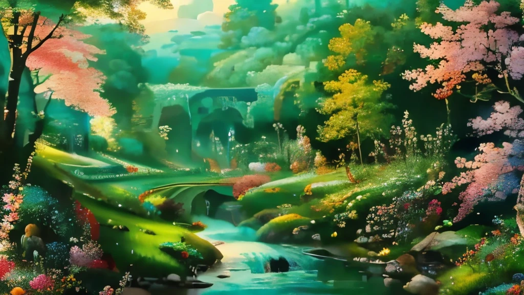 highly detailed image. A stream cutting through a beautiful flowery valley. strong and vibrant colors. Kinematic lighting 