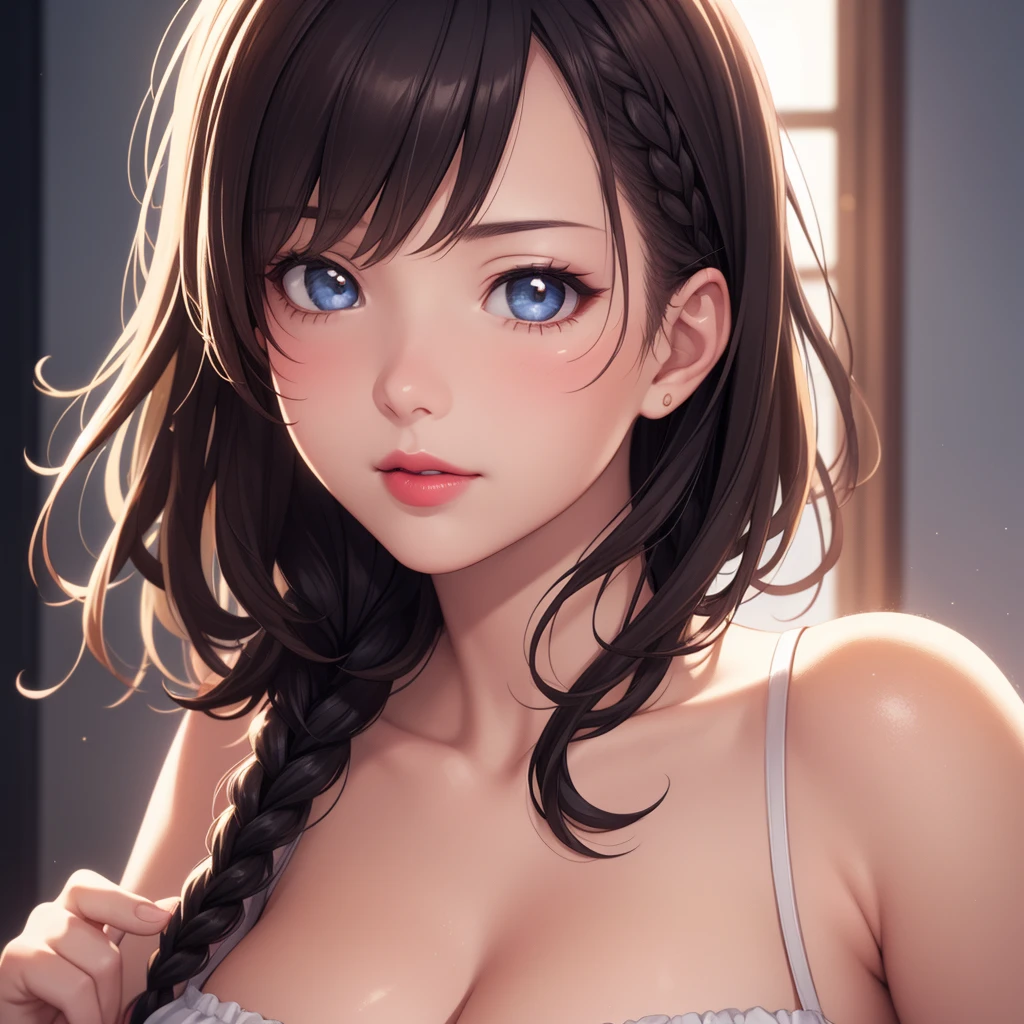 1girl, natural lighting, masterpiece, highly detailed, realistic, illustration, game cg, high quality, aichan, cleavage, short fluffy hair, lipstick, beautiful detailed eyes, detailed hair, side braid, close up