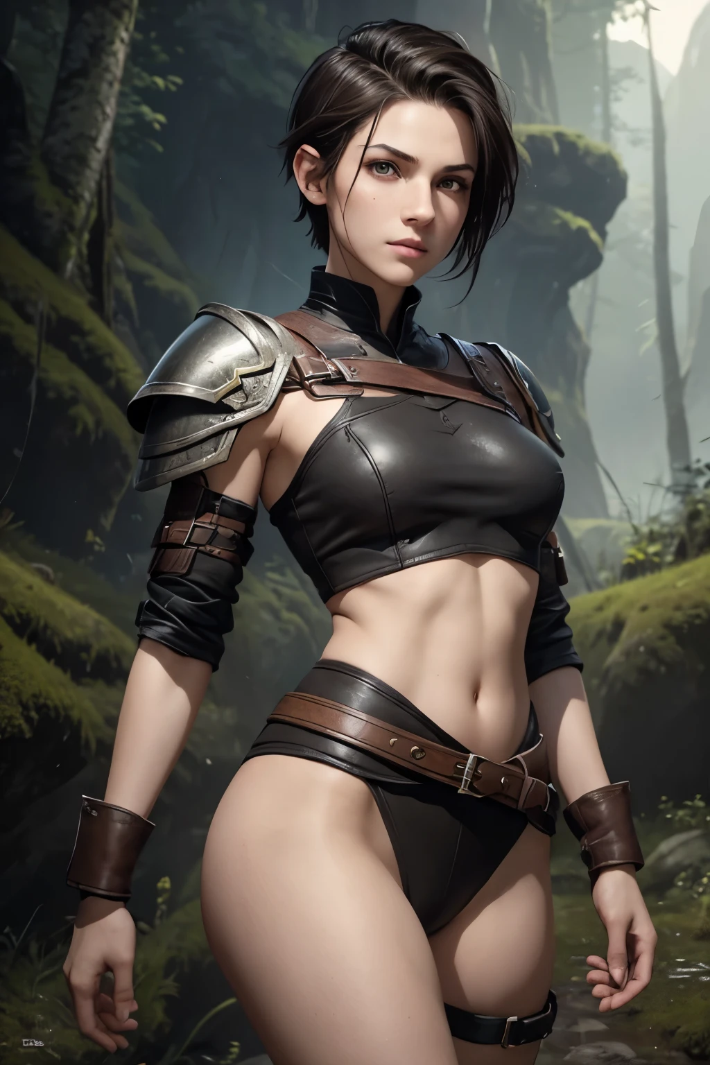 A happy young female rogue with an undercut in a fantasy setting. A rogue. Very androgynous looking. In a good mood. Sympathic. Tomboyish. Androgynous. Slim body. Very . Very small breasts. Wide hips. Thick legs. Face: Extremly pale skin with liverspots and freckles. Soft narrow face with a round chin. Soft small jaw. Big forehead. Very thin barely visible eyebrows. Upturned big dark-brown eyes. Dark-brown eyecolour. Very long and wide nose. Big curved lips. Very short dark-brown hair. A boyish short haircut. Undercut. Sides shaved. Rogue armor. Background: A untammed wilderness with forests, plains and mountains.