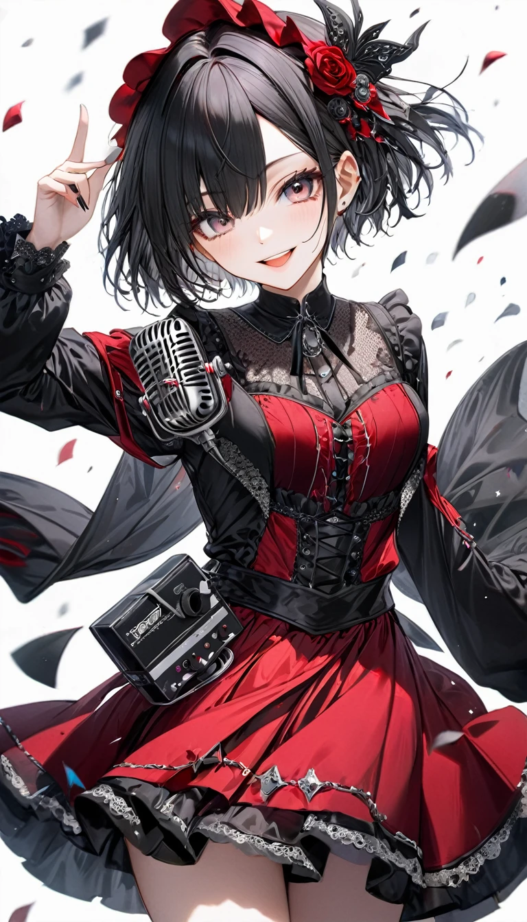 (((White background:1.2)))、(masterpiece、Ultra HD、Masterpiece、４K)、Perfect Style、Scandinavian Gothic Metal Girl, Intricate details, Highly detailed eyes, Black shorthair、Red Gothic Dress, Flash photography, Intricate details、smile、Wear long black bootini skirt、Intense movement、Uplifting、looks fun、masterpiece,high quality,One person girl,Idol singer,Gorgeous gothic outfit,Holding a microphone,sing,Rich in details,Correct finger,Cinema Lighting,